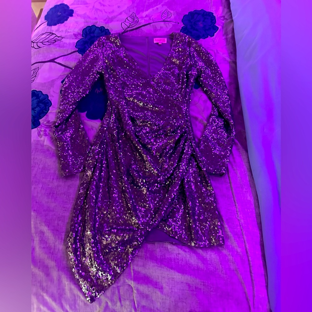 Club L wrap front sequin mini dress in lilac in size US 8.